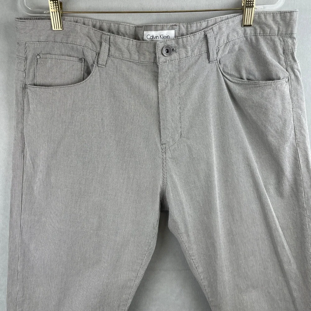 Calvin Klein Mens Grey White Micro Stripe Straight Leg Cotton Pants 38x30 Preppy